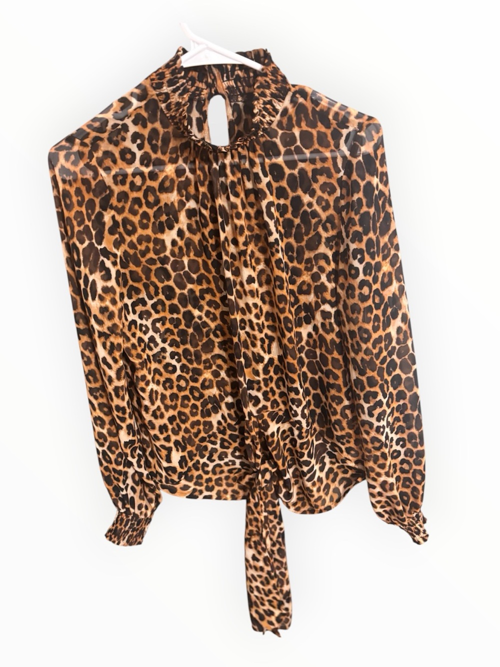 Express Cheetah Smock Neck Tie Waist Sheer Blouse Small